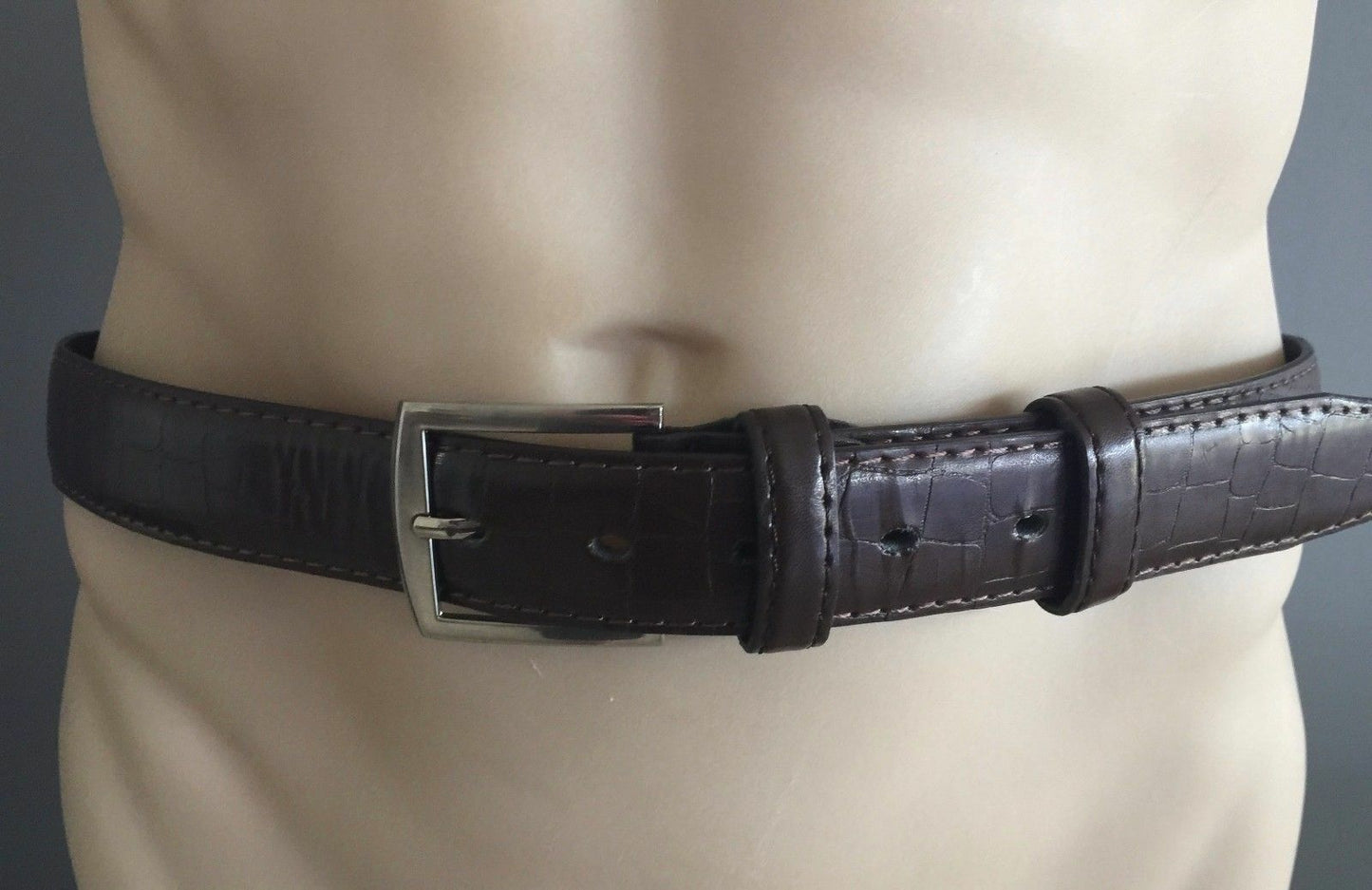Mens LEATHER Belt Brown Crocodile Print Silver Metal Pin Buckle 100 cm 34cm