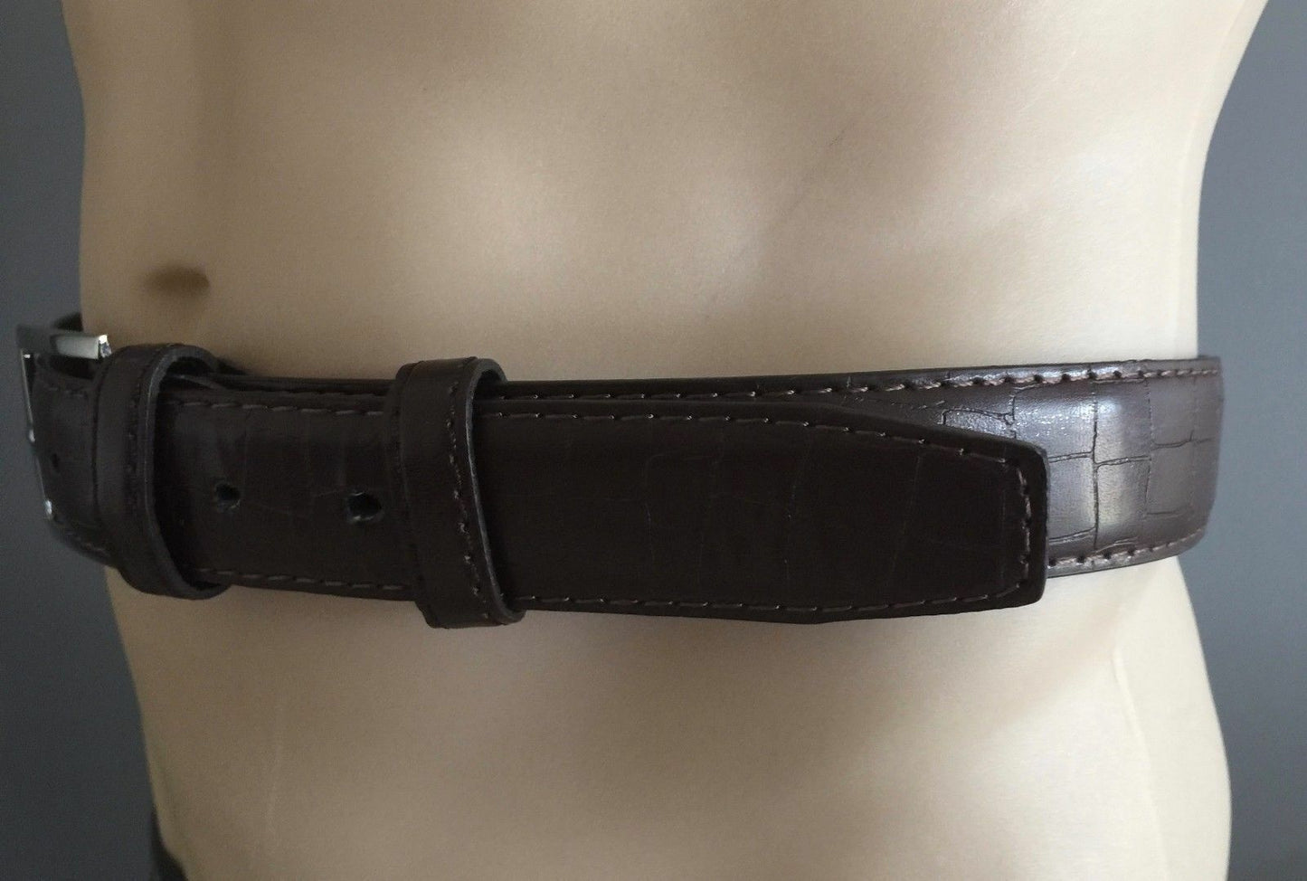 Mens LEATHER Belt Brown Crocodile Print Silver Metal Pin Buckle 100 cm 34cm