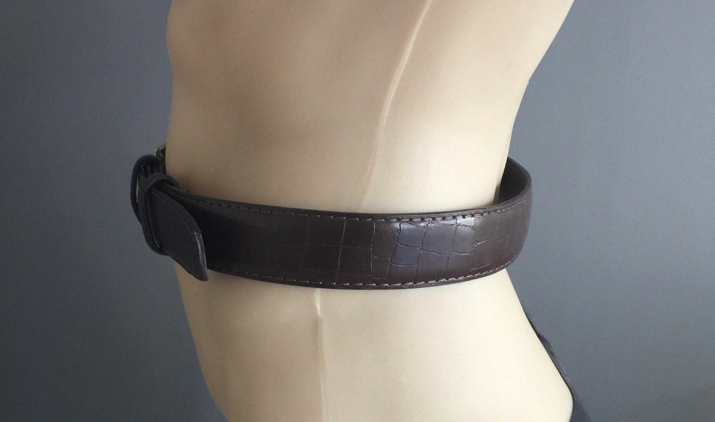 Mens LEATHER Belt Brown Crocodile Print Silver Metal Pin Buckle 100 cm 34cm