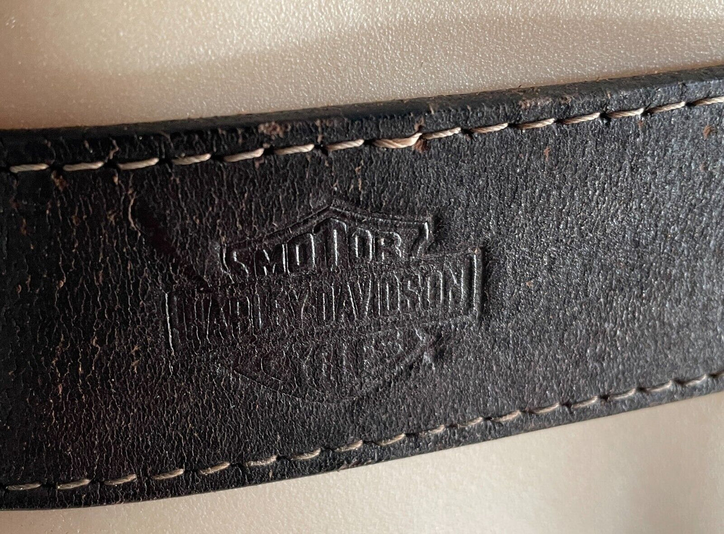 HARLEY DAVIDSON LEATHER Belt Brown 4cm Wide Rustic Gold Tone Buckle Mens Size 34