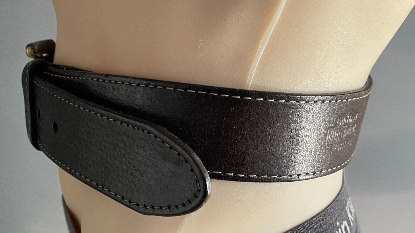 HARLEY DAVIDSON LEATHER Belt Brown 4cm Wide Rustic Gold Tone Buckle Mens Size 34