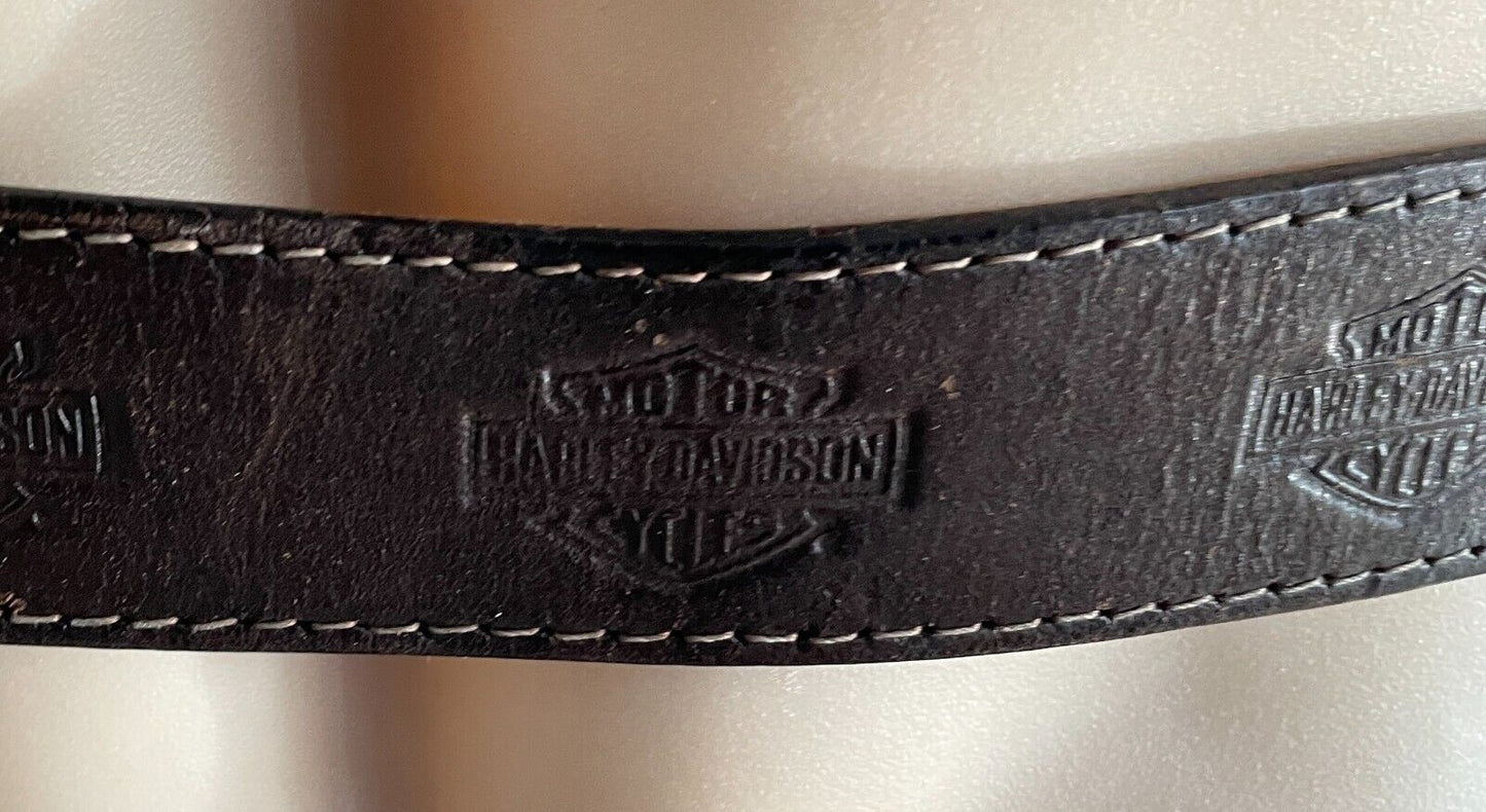 HARLEY DAVIDSON LEATHER Belt Brown 4cm Wide Rustic Gold Tone Buckle Mens Size 34