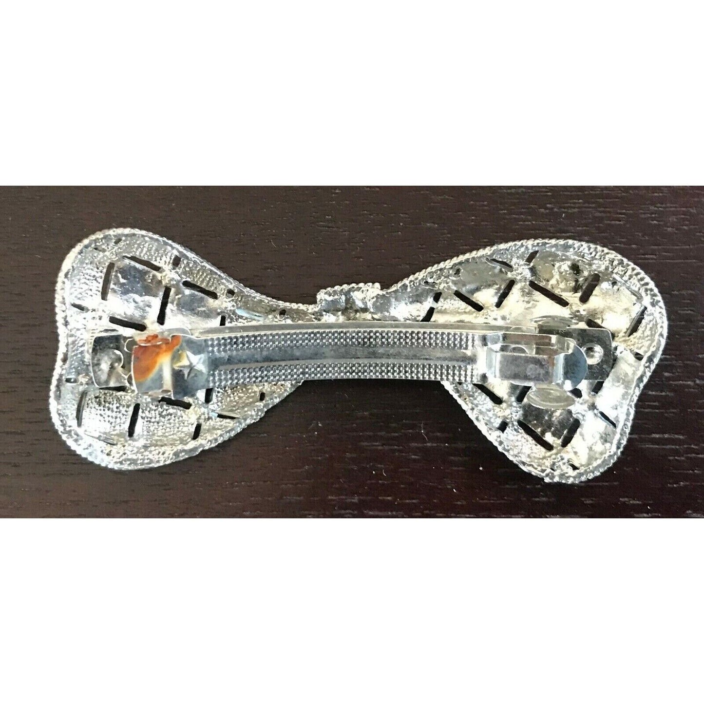 HAIR CLIP Light Blue & Silver Brushed Metal Bow Tie w Blue Crystal Trim Ladies N