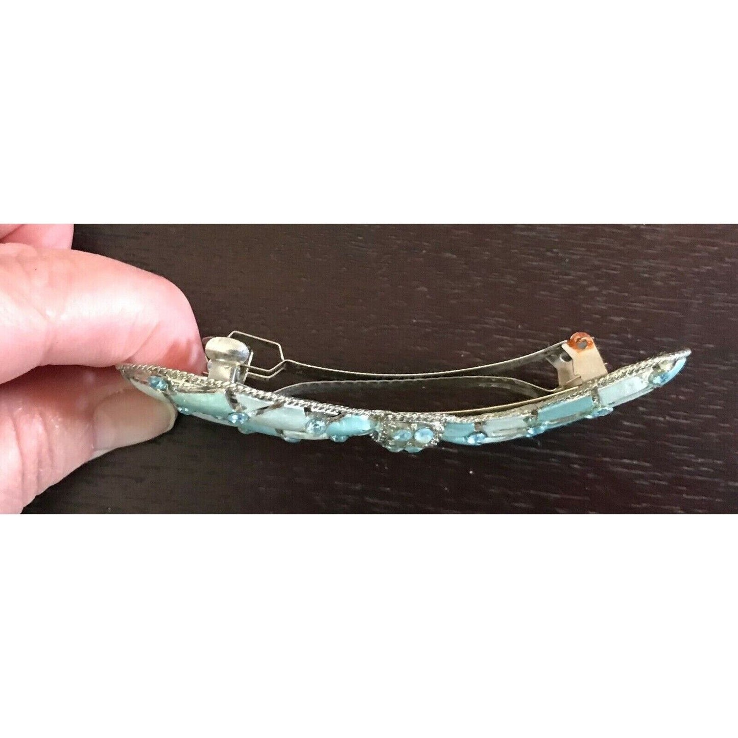 HAIR CLIP Light Blue & Silver Brushed Metal Bow Tie w Blue Crystal Trim Ladies N