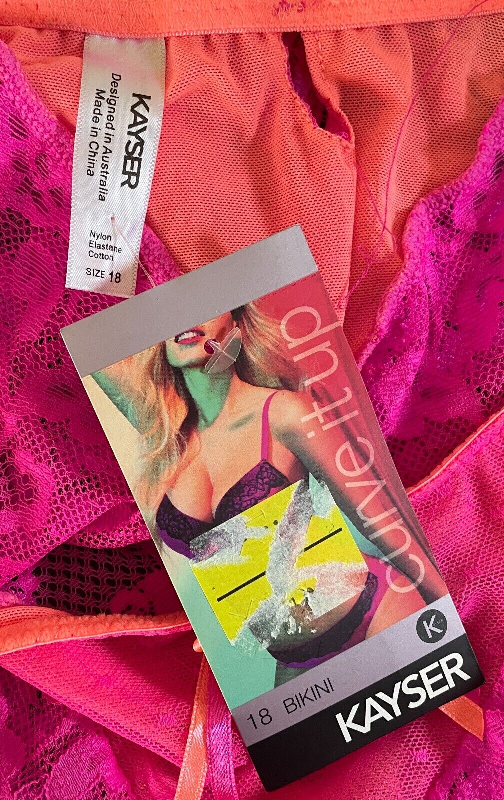 2 X KAYSER Bikini Briefs "Curve It Up" Pink Orange Trim Panties ONLY Size 18 NEW