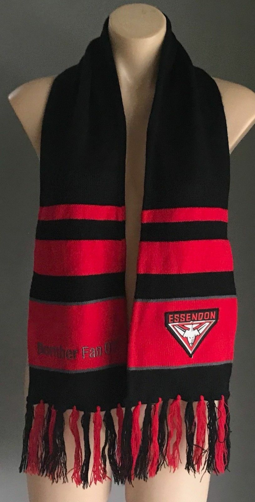 Fan Scarf ESSENDON BOMBERS 2007 AFL Red & Black Knit Fringed Football Supporter