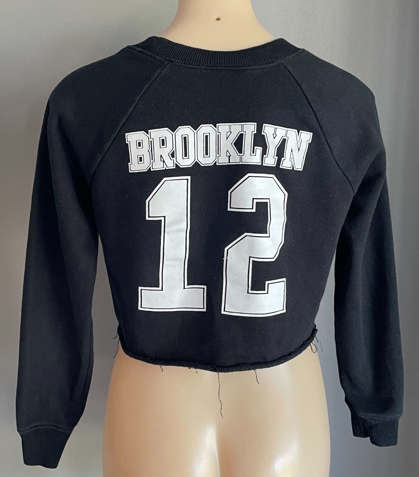 Fan NEW YORK BROOKLYN NETS Jumper Black Cropped Sweater Long Sleeve Sz S 10 NBA