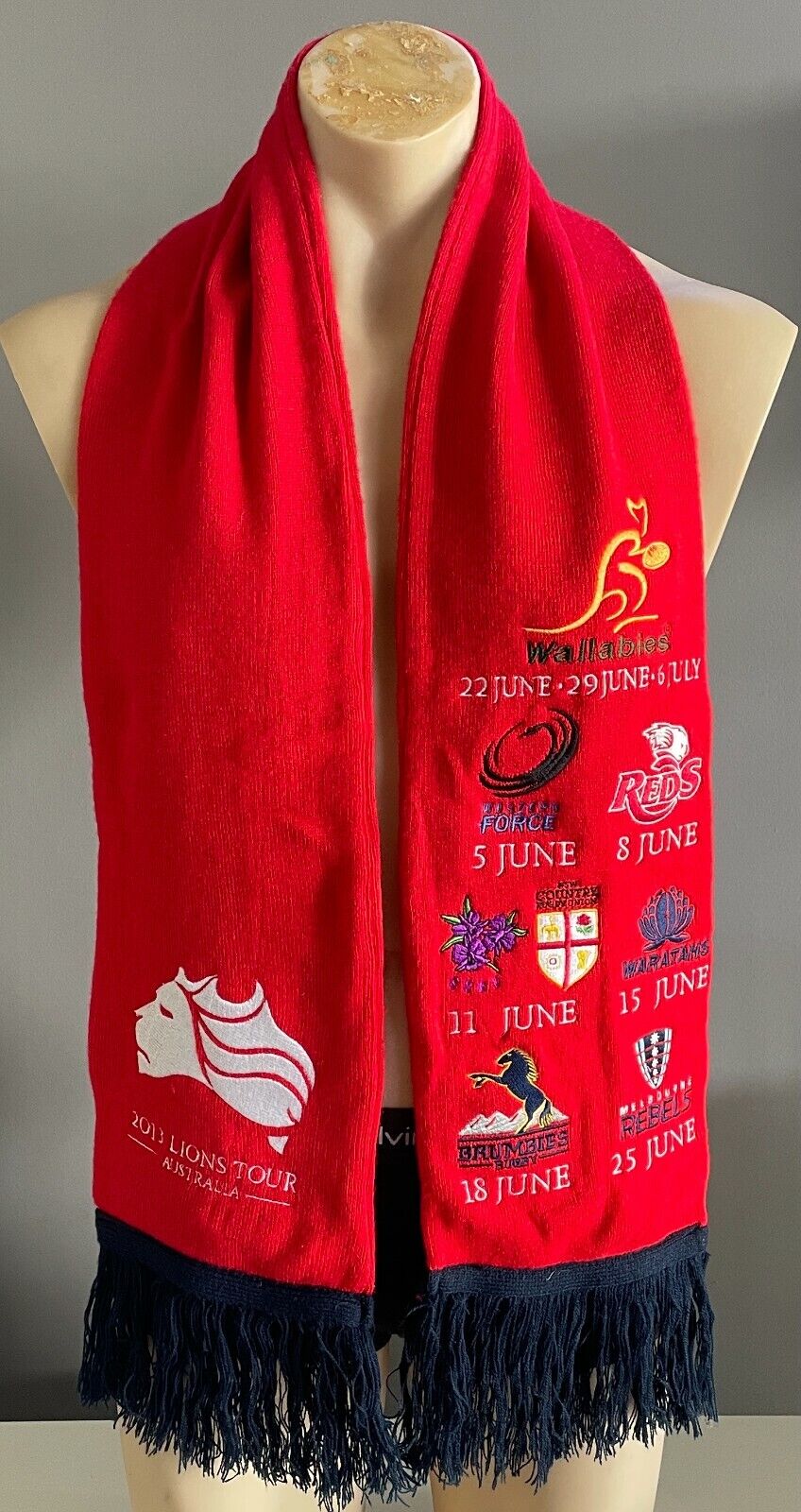 Fan Scarf LIONS TOUR AUSTRALIA 2013 Red & Navy Fringe Embroidered Wallabies