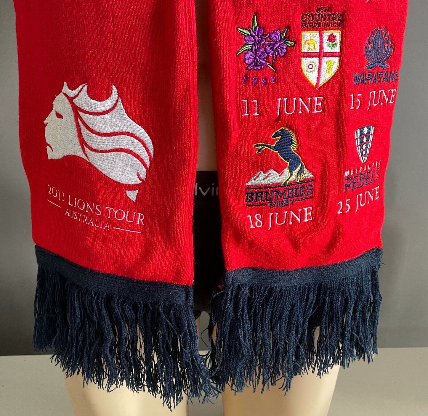 Fan Scarf LIONS TOUR AUSTRALIA 2013 Red & Navy Fringe Embroidered Wallabies