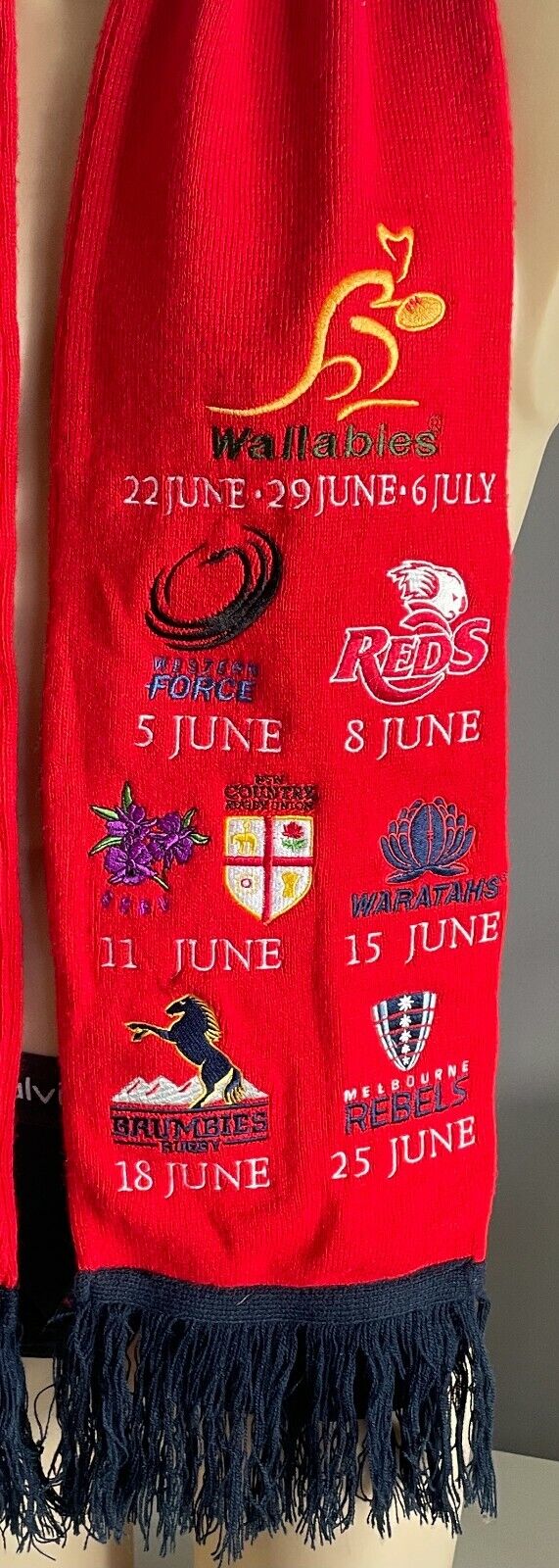 Fan Scarf LIONS TOUR AUSTRALIA 2013 Red & Navy Fringe Embroidered Wallabies