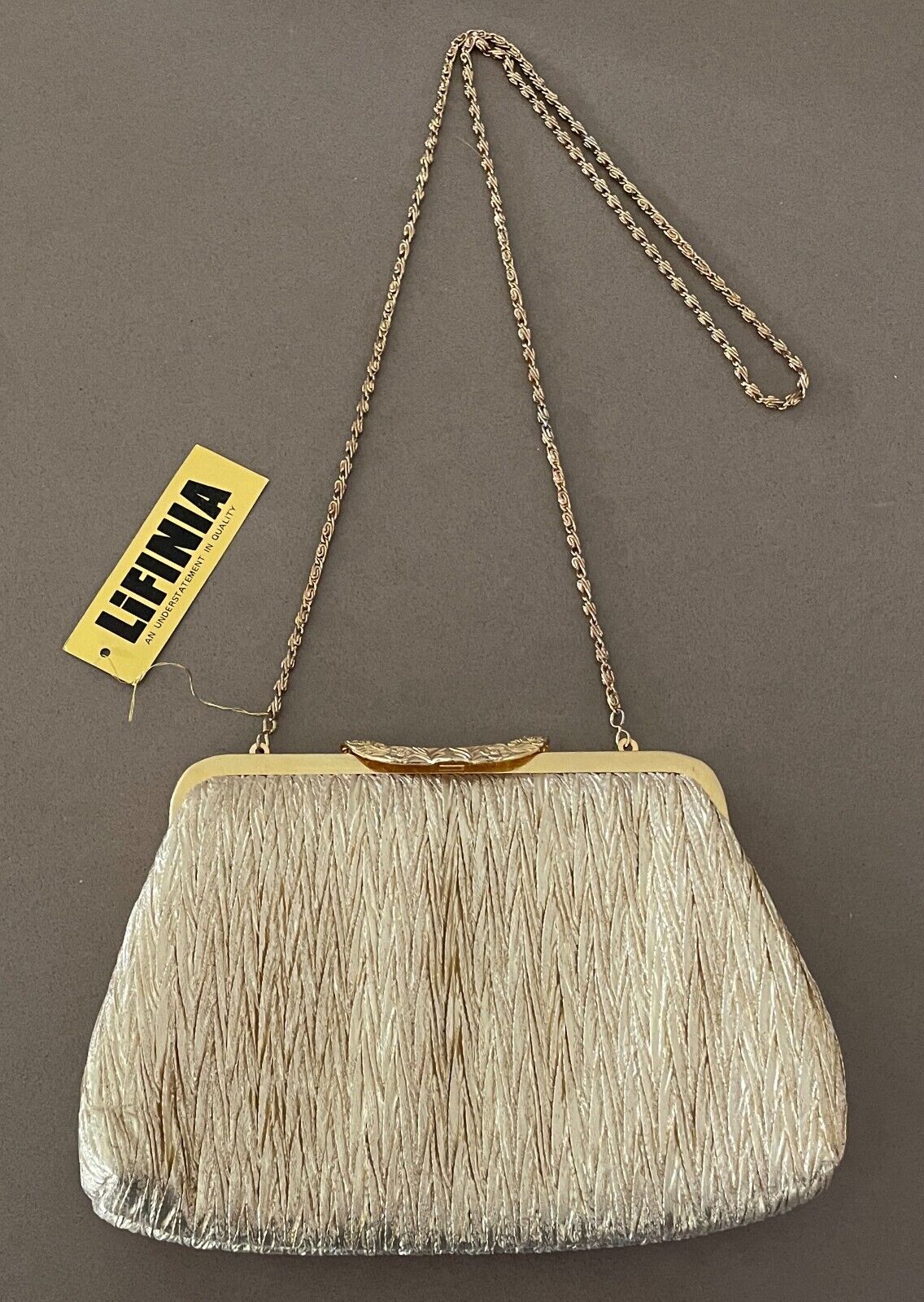 LIFINIA Evening Bag Gold Lame Fabric Frame Clutch Long Chain Strap NEW