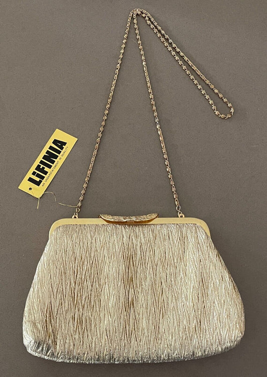 LIFINIA Evening Bag Gold Lame Fabric Frame Clutch Long Chain Strap NEW