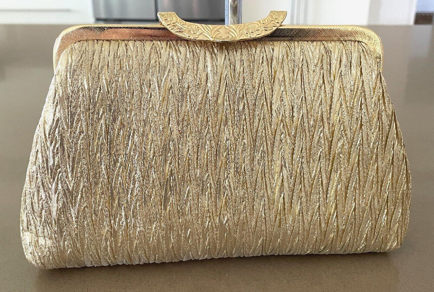 LIFINIA Evening Bag Gold Lame Fabric Frame Clutch Long Chain Strap NEW