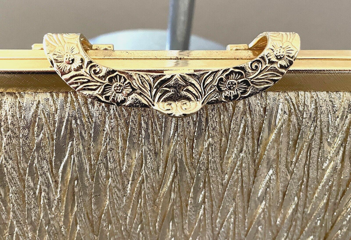 LIFINIA Evening Bag Gold Lame Fabric Frame Clutch Long Chain Strap NEW