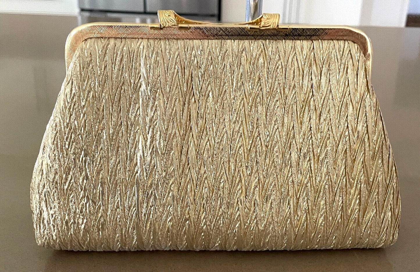LIFINIA Evening Bag Gold Lame Fabric Frame Clutch Long Chain Strap NEW