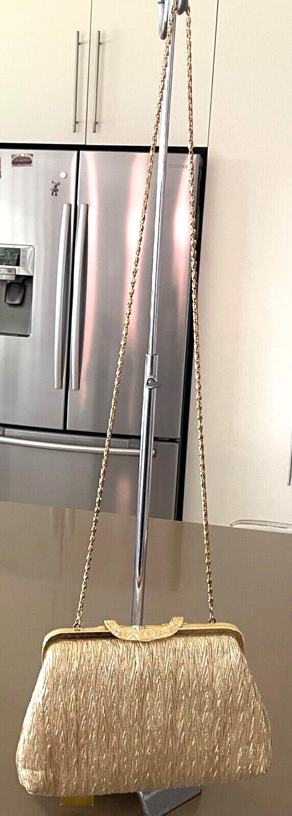 LIFINIA Evening Bag Gold Lame Fabric Frame Clutch Long Chain Strap NEW