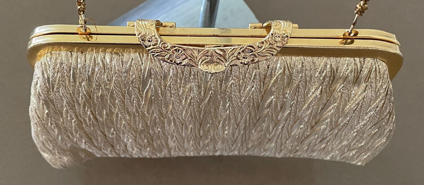 LIFINIA Evening Bag Gold Lame Fabric Frame Clutch Long Chain Strap NEW
