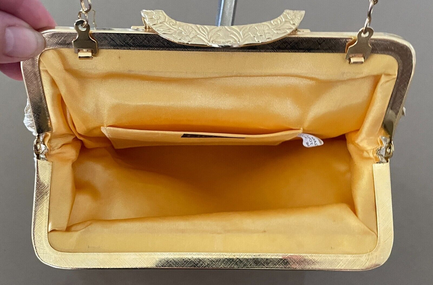 LIFINIA Evening Bag Gold Lame Fabric Frame Clutch Long Chain Strap NEW