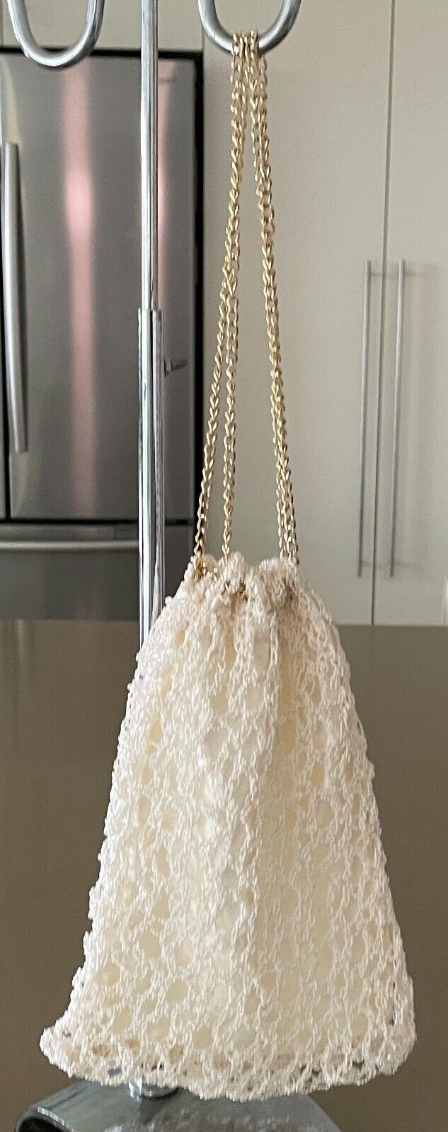 EVENING BAG Off White Crochet Small w Gold Chain Vintage Handmade