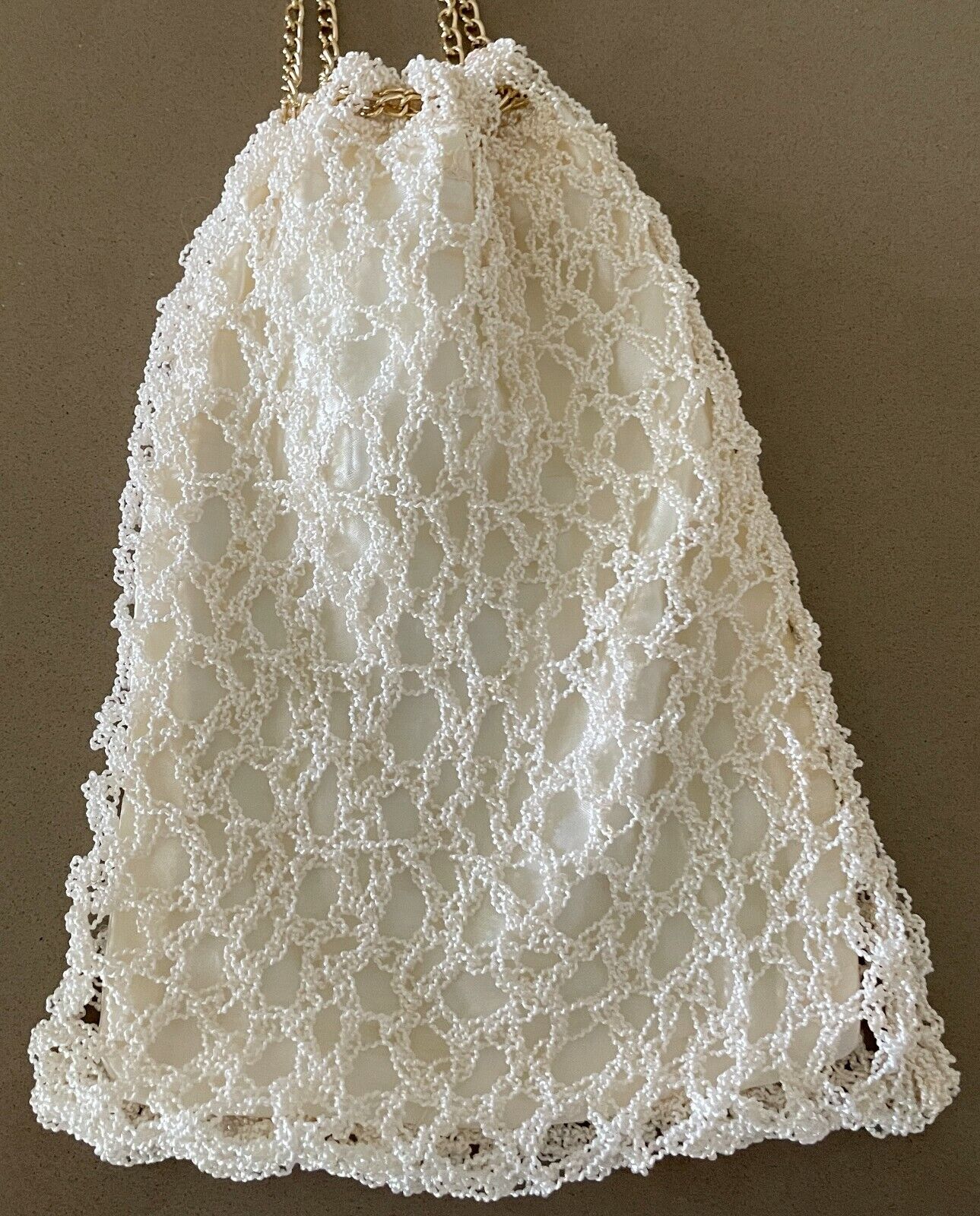 EVENING BAG Off White Crochet Small w Gold Chain Vintage Handmade