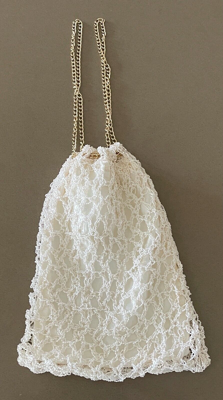 EVENING BAG Off White Crochet Small w Gold Chain Vintage Handmade