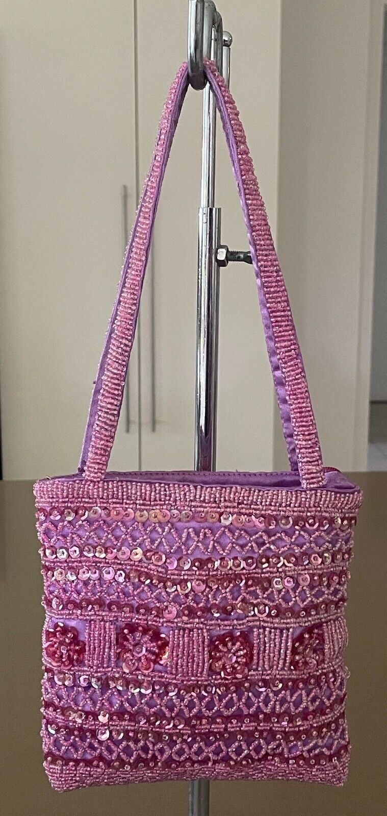 Evening Bag Lilac Satin w Pink Sequin & Beads Small Short Double Strap Handles