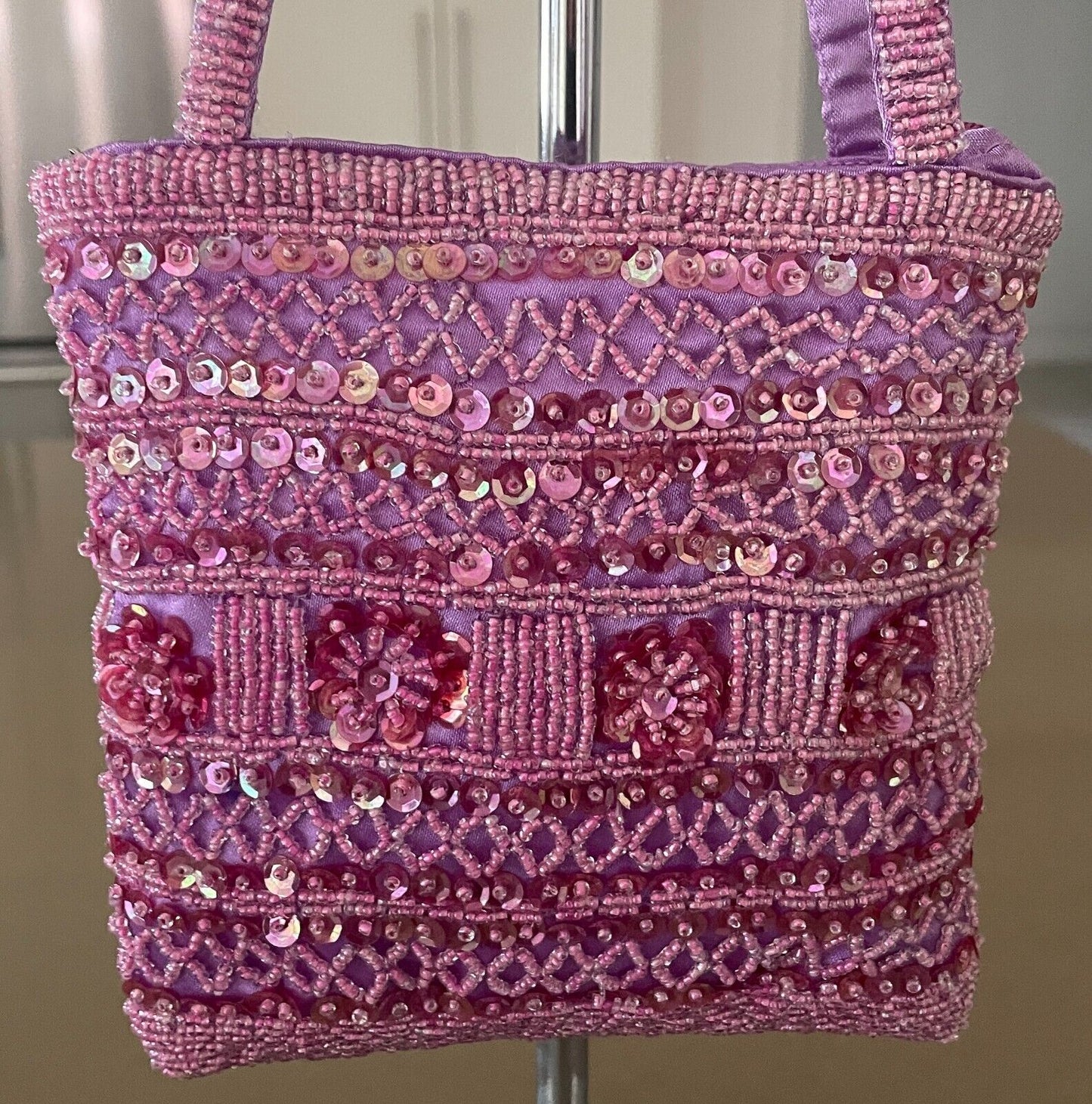 Evening Bag Lilac Satin w Pink Sequin & Beads Small Short Double Strap Handles