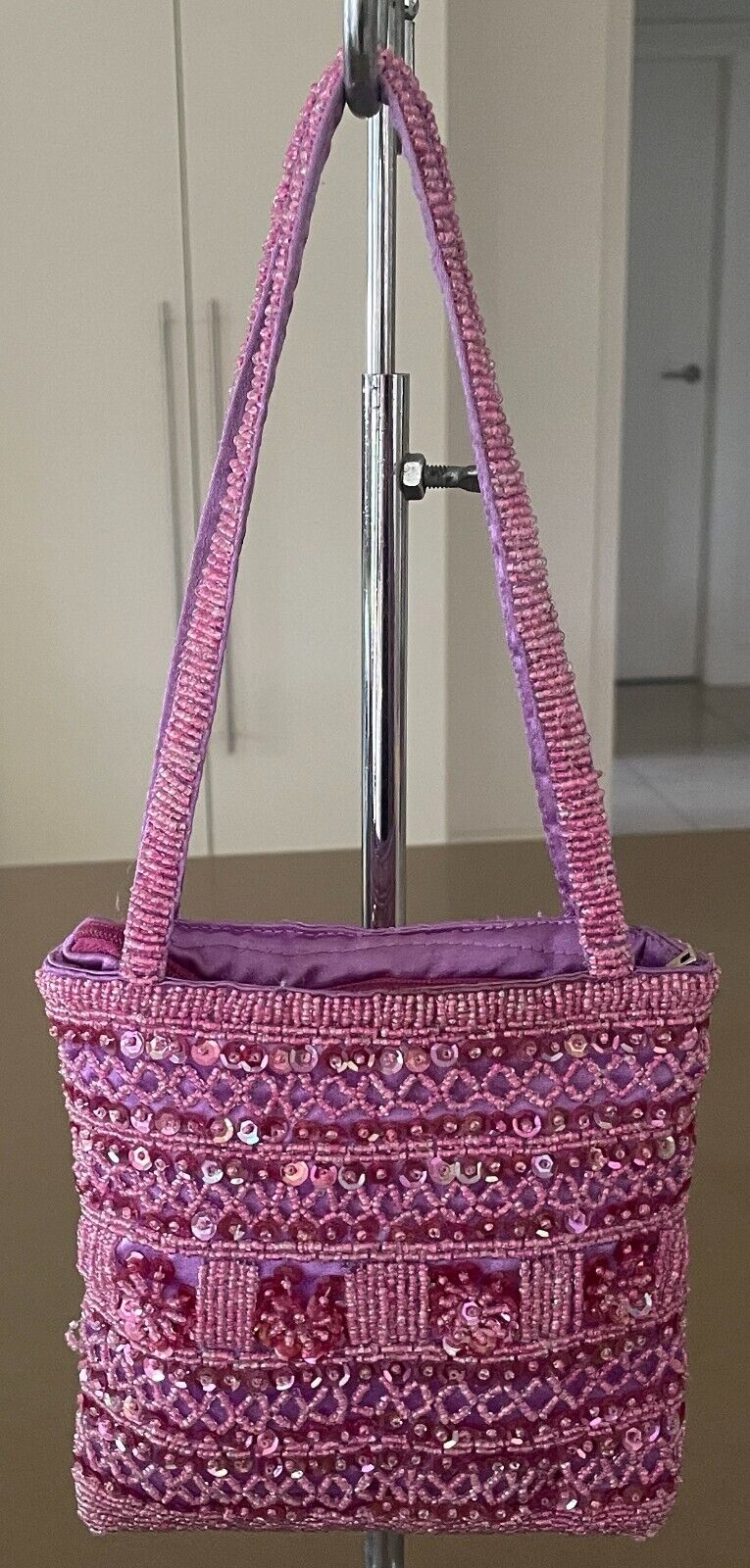 Evening Bag Lilac Satin w Pink Sequin & Beads Small Short Double Strap Handles