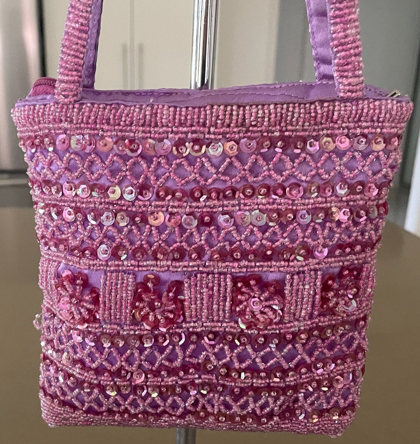 Evening Bag Lilac Satin w Pink Sequin & Beads Small Short Double Strap Handles