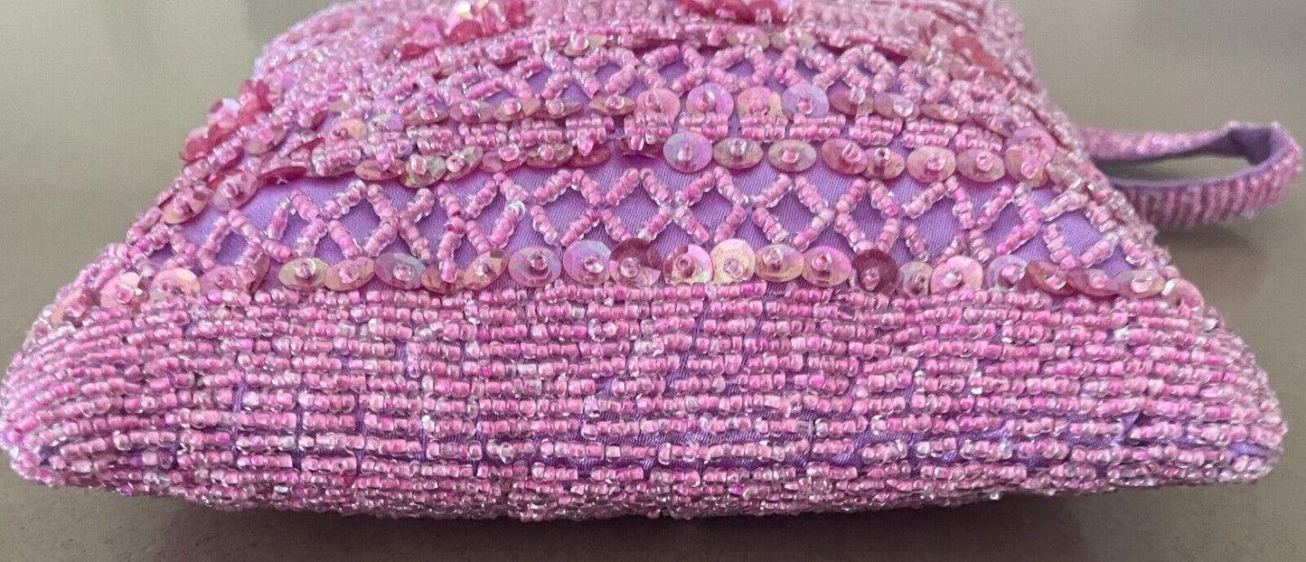 Evening Bag Lilac Satin w Pink Sequin & Beads Small Short Double Strap Handles