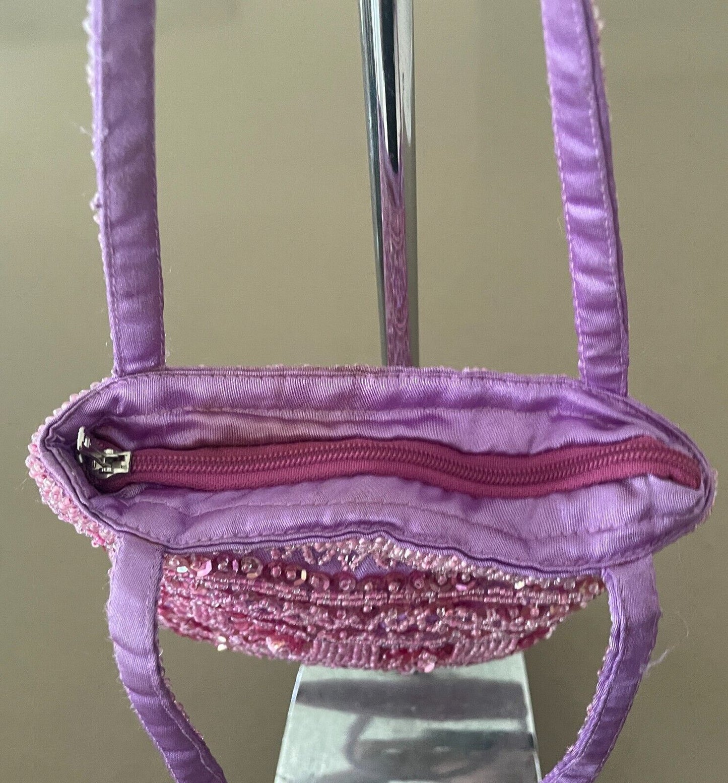 Evening Bag Lilac Satin w Pink Sequin & Beads Small Short Double Strap Handles