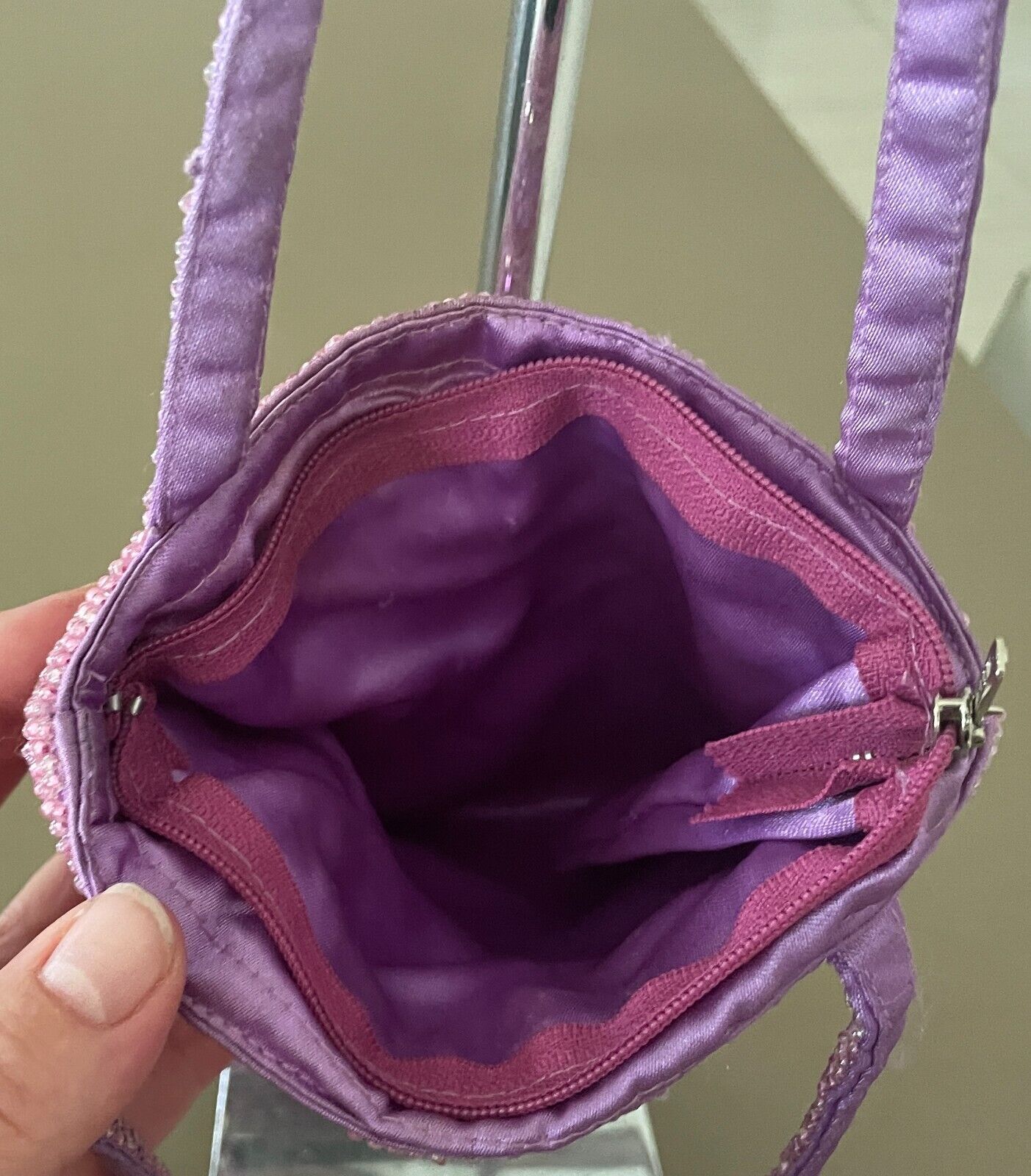 Evening Bag Lilac Satin w Pink Sequin & Beads Small Short Double Strap Handles