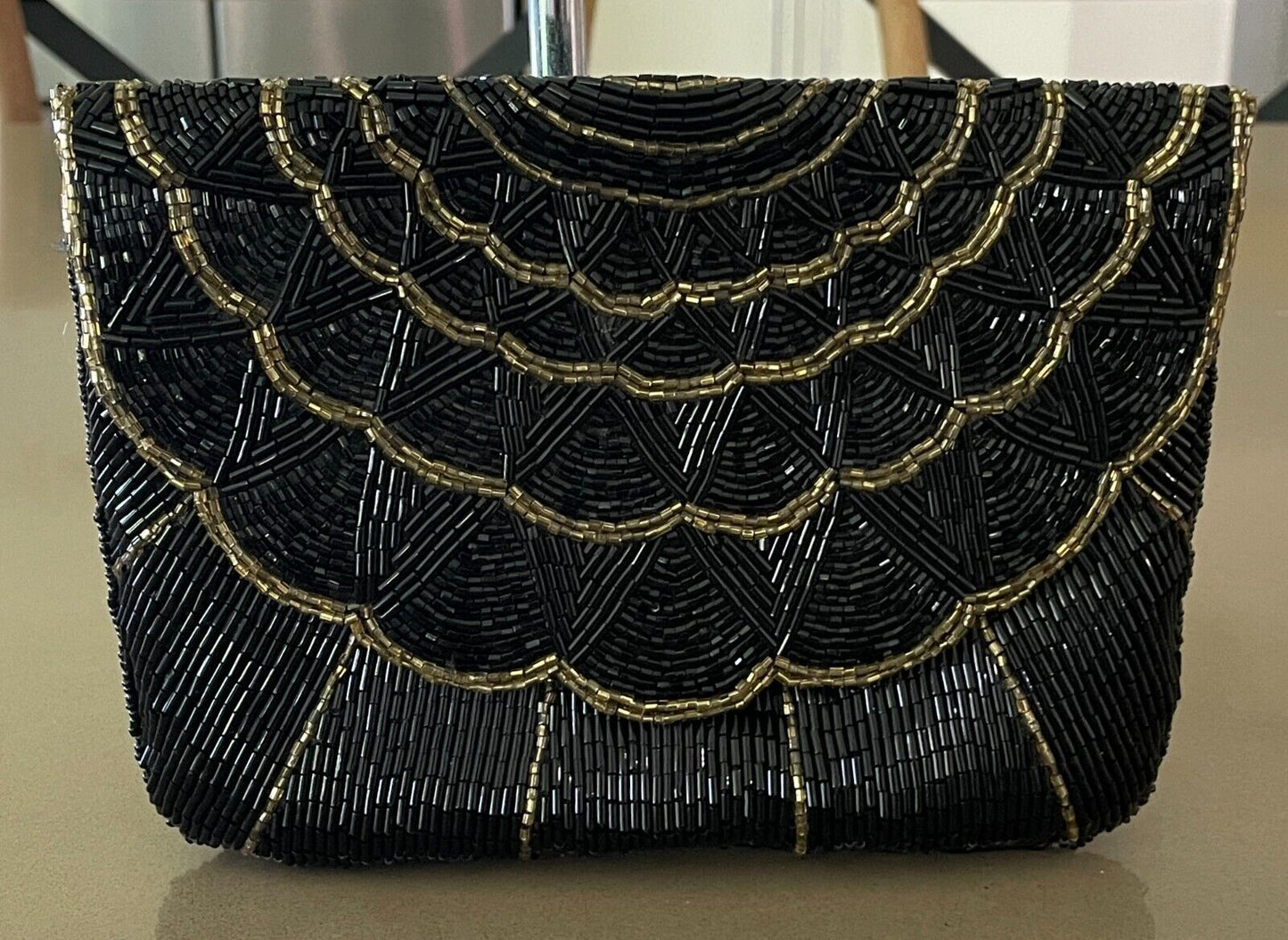 Evening Bag Black & Gold Fully Beaded Flap Closure Art Deco Vibe!