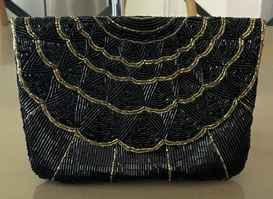 Evening Bag Black & Gold Fully Beaded Flap Closure Art Deco Vibe!
