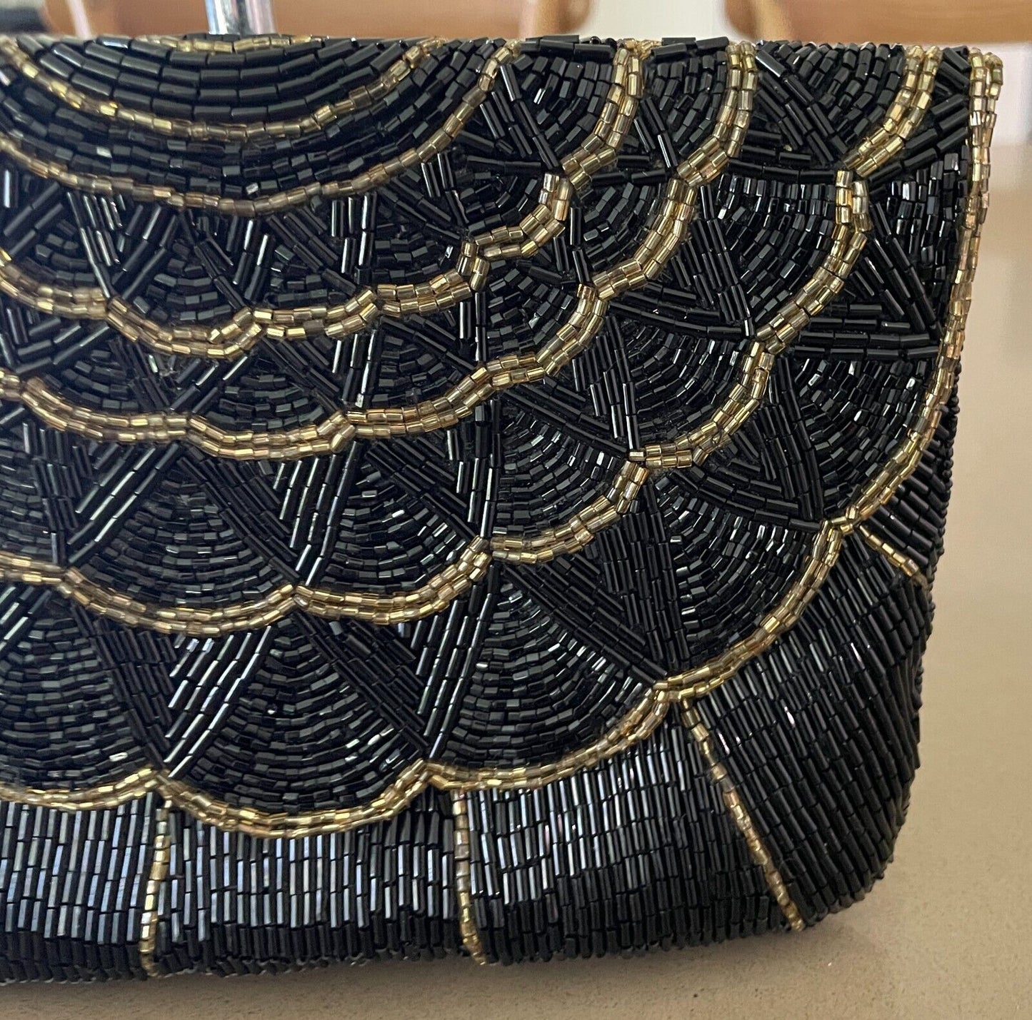 Evening Bag Black & Gold Fully Beaded Flap Closure Art Deco Vibe!