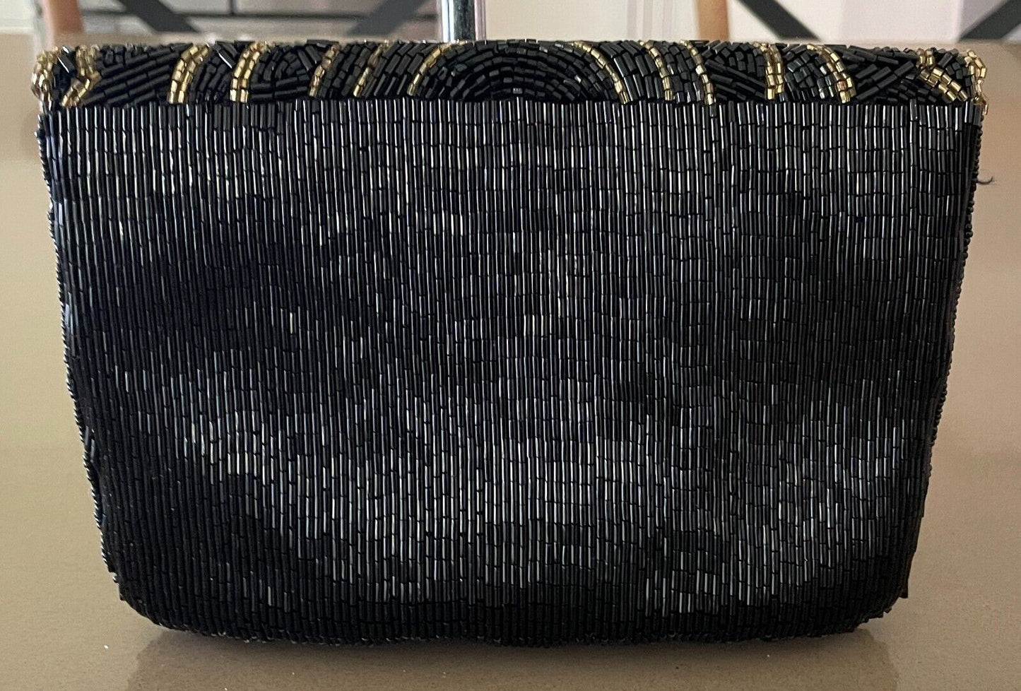 Evening Bag Black & Gold Fully Beaded Flap Closure Art Deco Vibe!