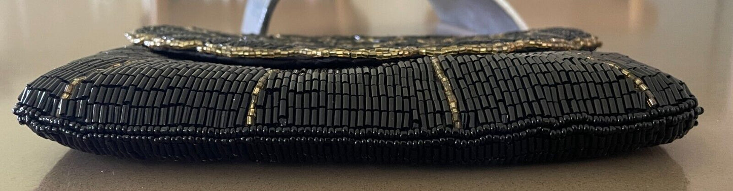 Evening Bag Black & Gold Fully Beaded Flap Closure Art Deco Vibe!