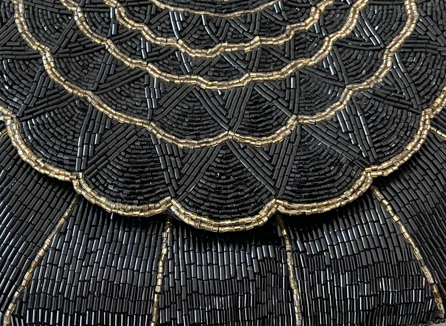 Evening Bag Black & Gold Fully Beaded Flap Closure Art Deco Vibe!