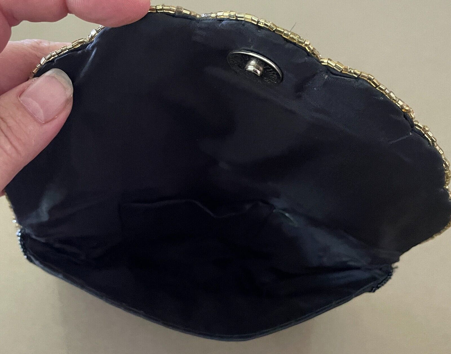 Evening Bag Black & Gold Fully Beaded Flap Closure Art Deco Vibe!