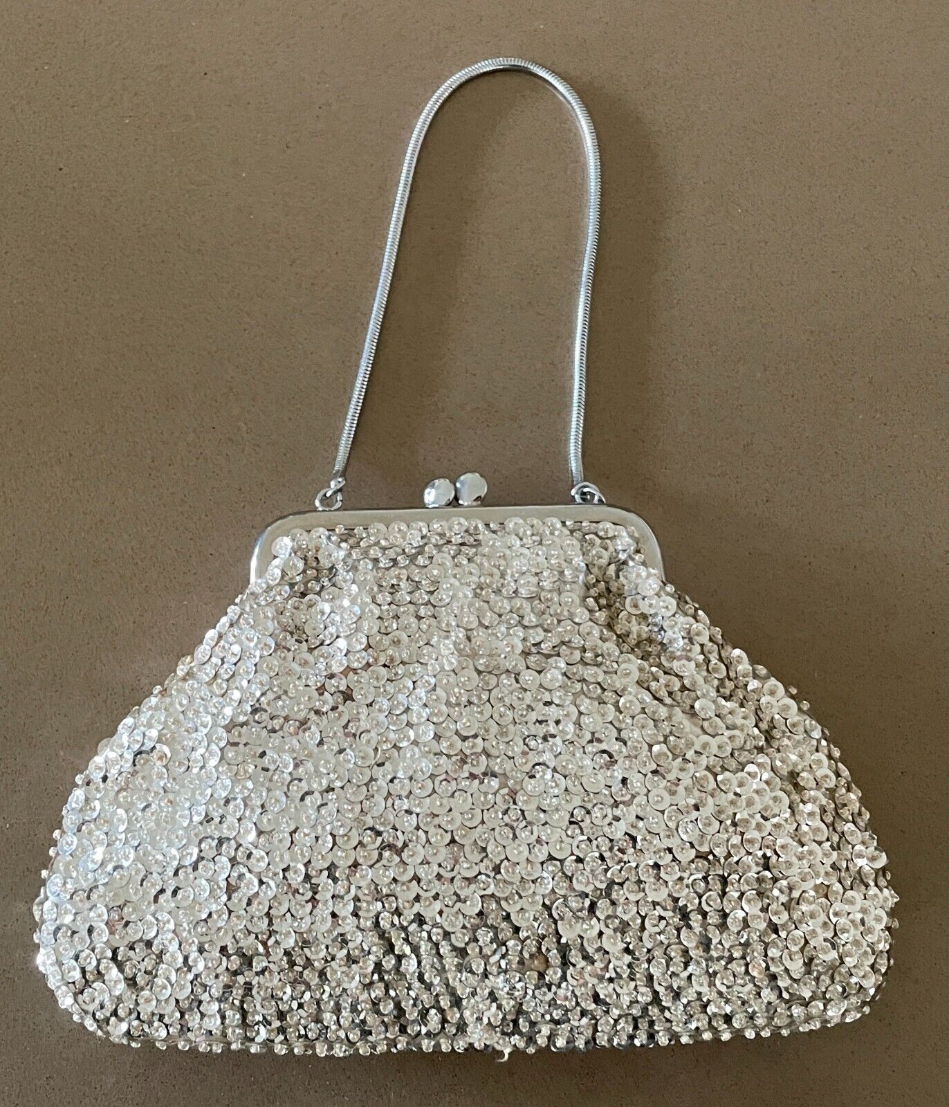 FAITHFUL Evening Bag Silver Sequin & Bead Small Frame Handmade in Hong Kong