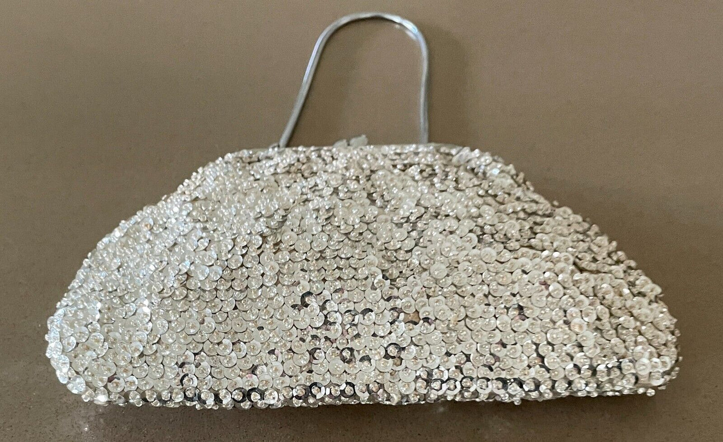 FAITHFUL Evening Bag Silver Sequin & Bead Small Frame Handmade in Hong Kong