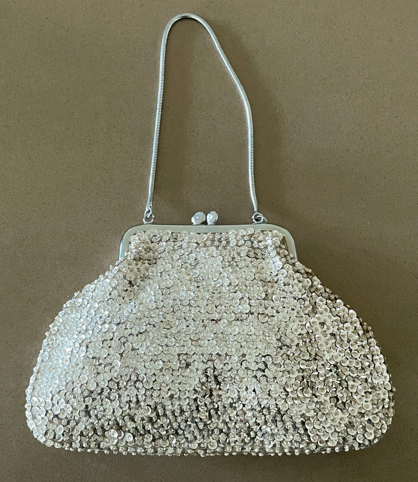 FAITHFUL Evening Bag Silver Sequin & Bead Small Frame Handmade in Hong Kong