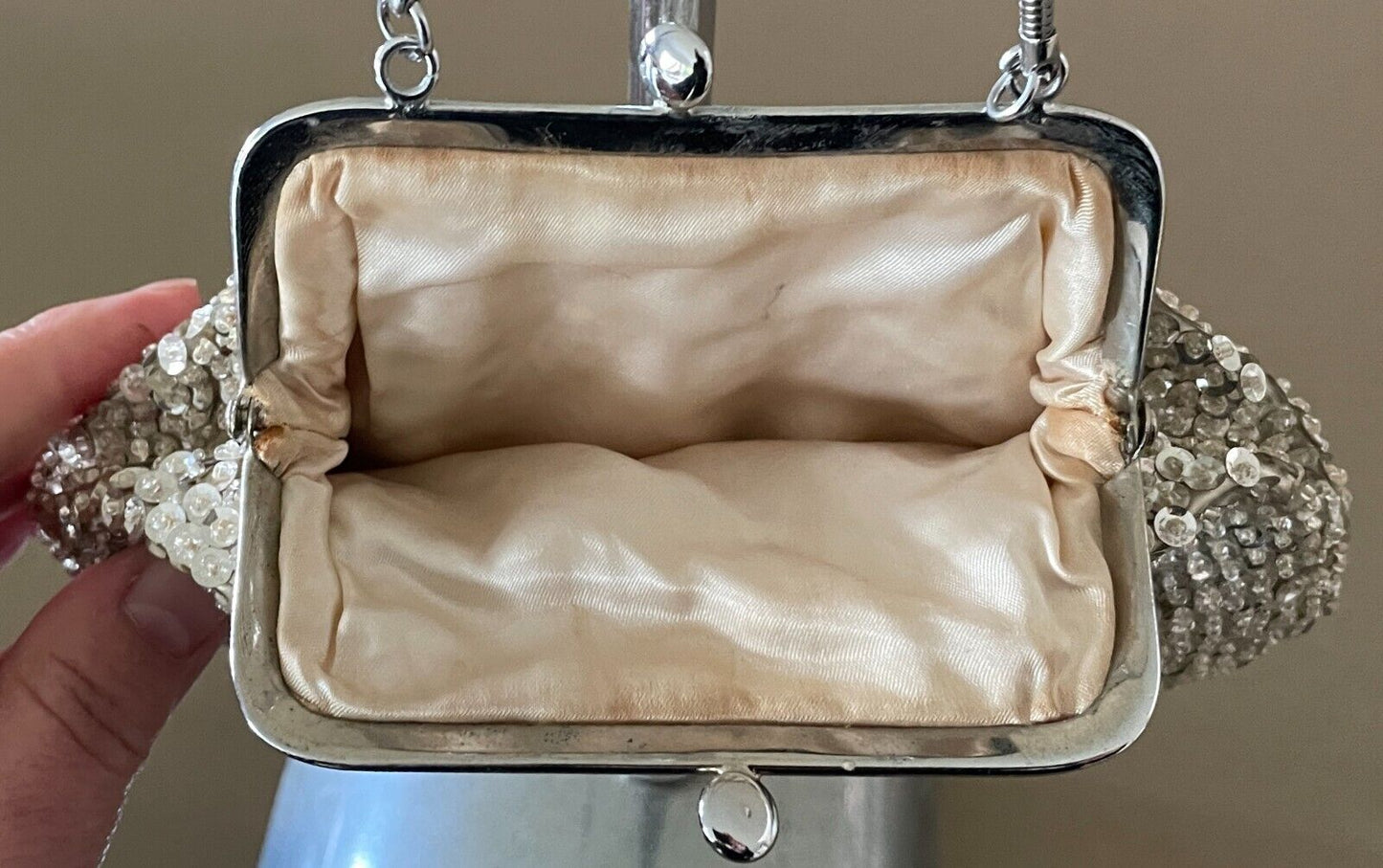 FAITHFUL Evening Bag Silver Sequin & Bead Small Frame Handmade in Hong Kong