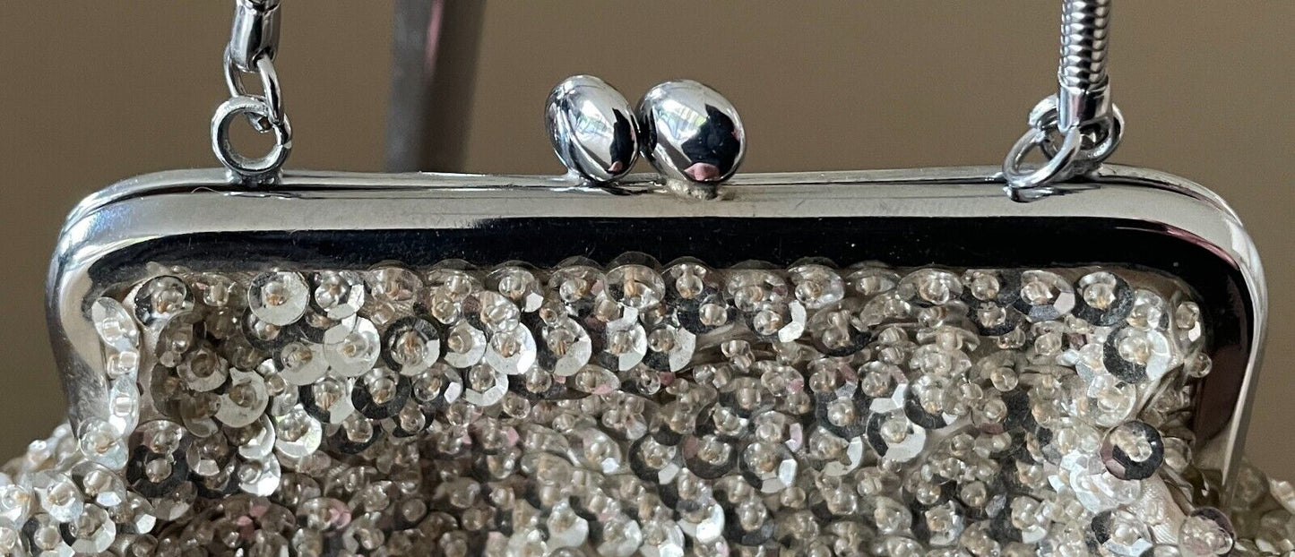 FAITHFUL Evening Bag Silver Sequin & Bead Small Frame Handmade in Hong Kong