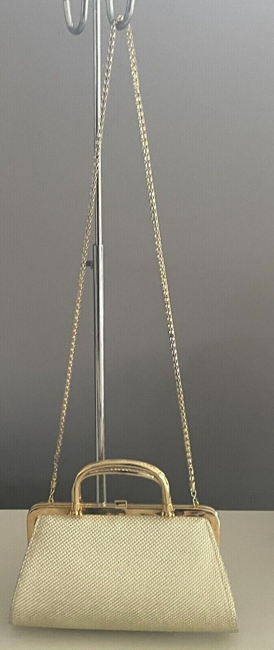 GOLD LAME Evening Bag Fabric Frame Clutch Long Chain Strap Handbag Handles NEW