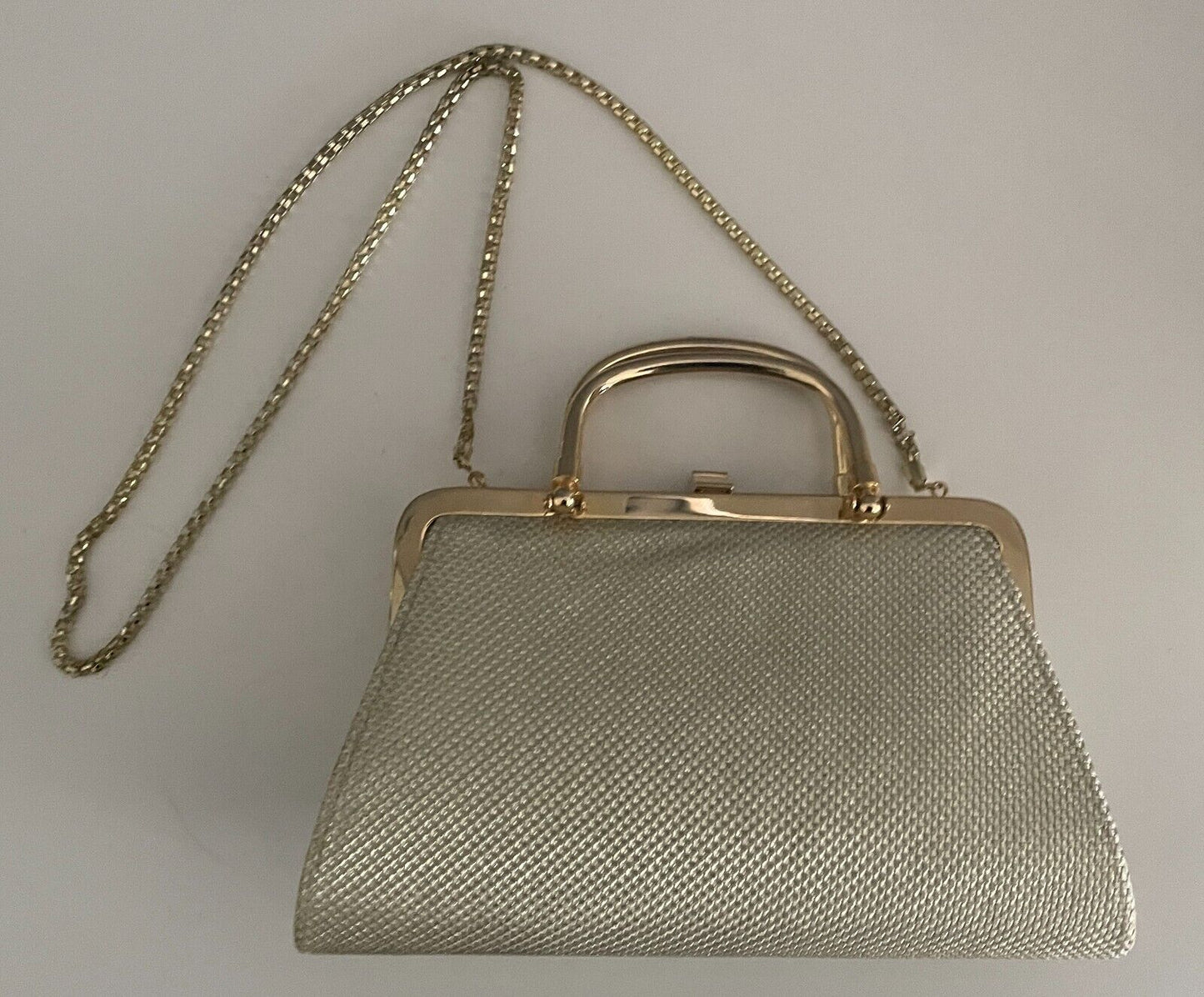 GOLD LAME Evening Bag Fabric Frame Clutch Long Chain Strap Handbag Handles NEW