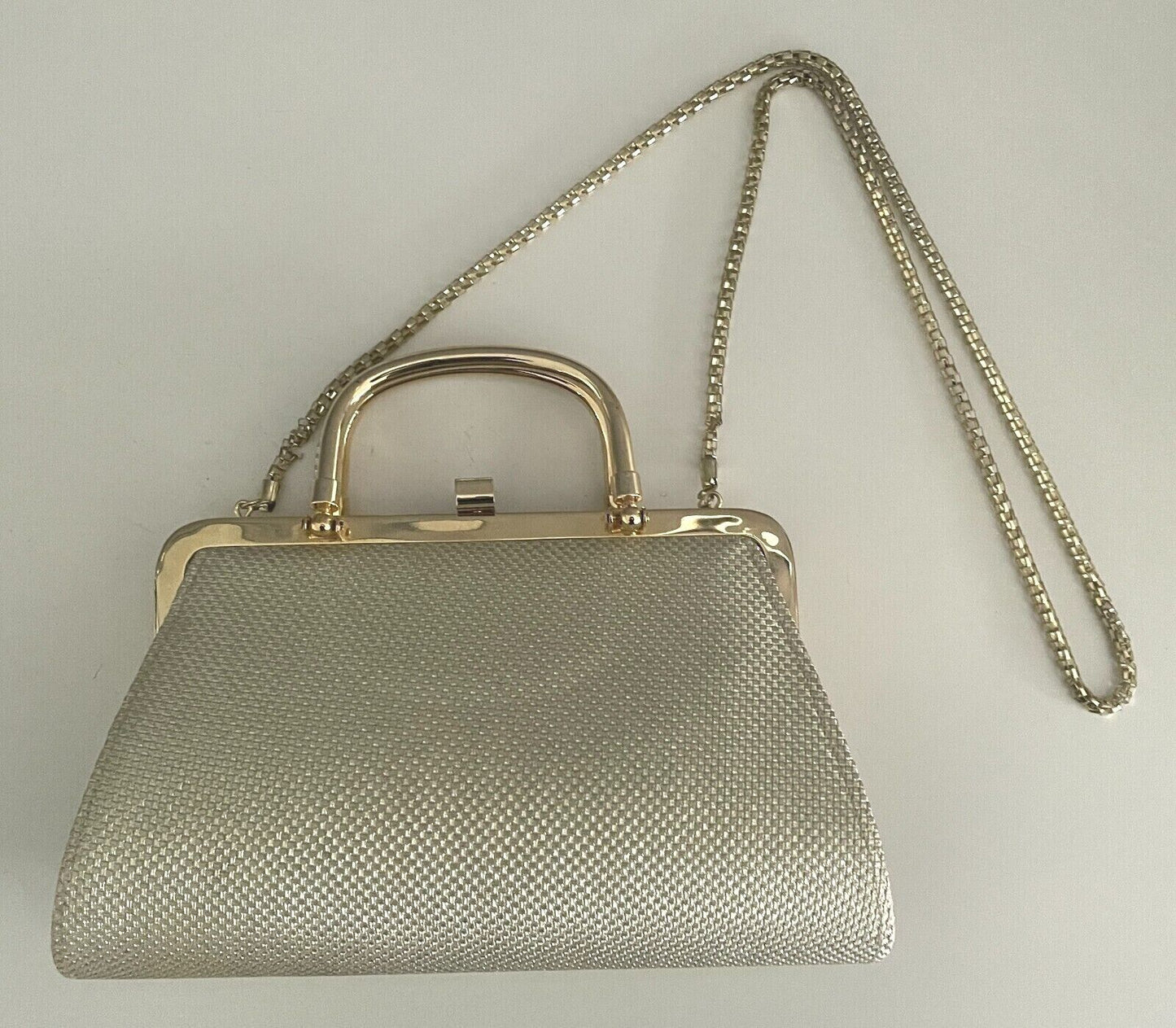 GOLD LAME Evening Bag Fabric Frame Clutch Long Chain Strap Handbag Handles NEW