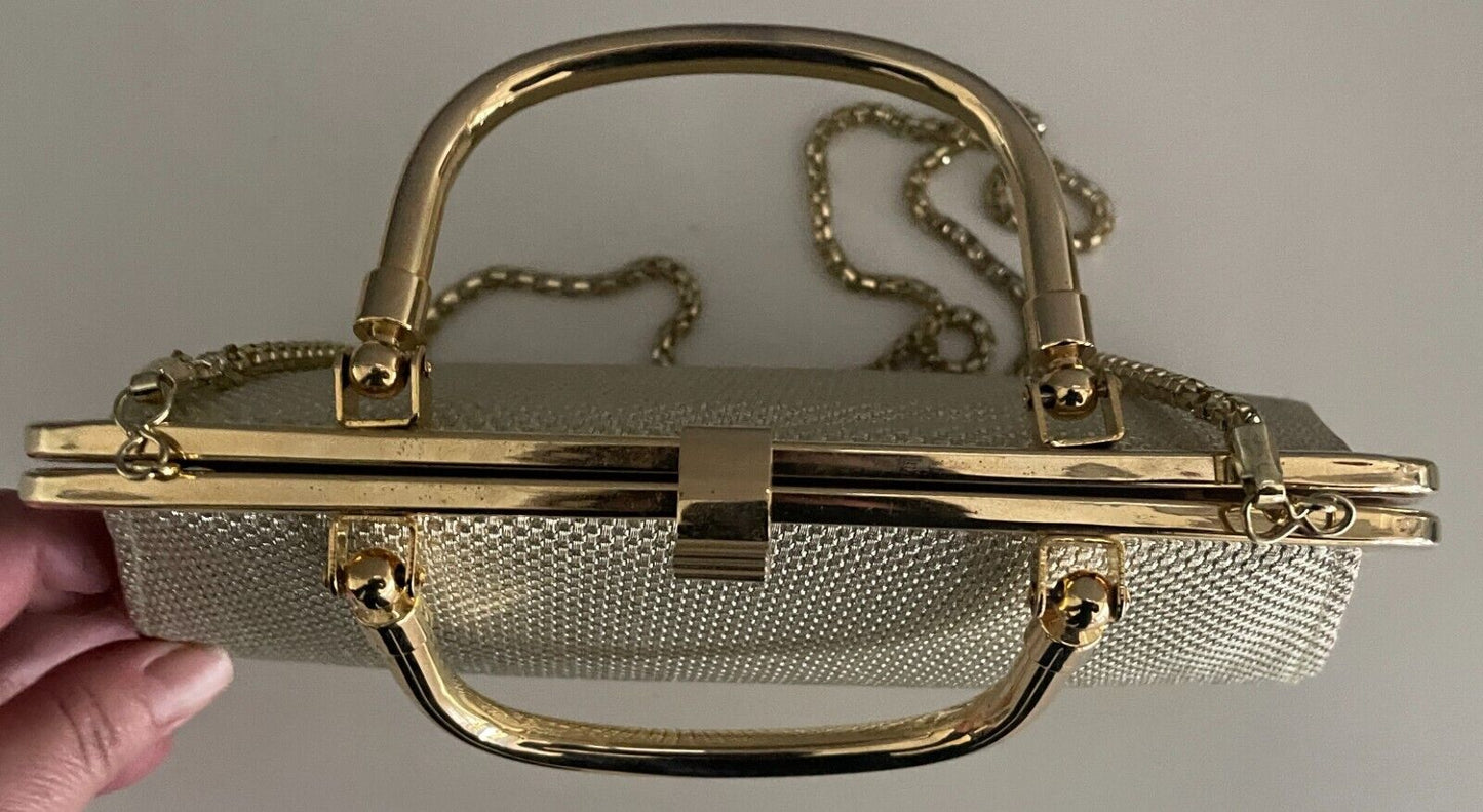 GOLD LAME Evening Bag Fabric Frame Clutch Long Chain Strap Handbag Handles NEW