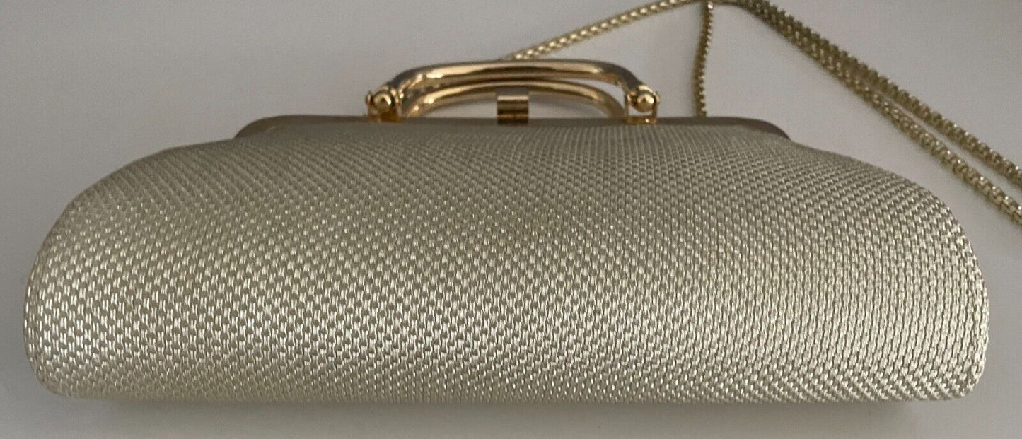 GOLD LAME Evening Bag Fabric Frame Clutch Long Chain Strap Handbag Handles NEW