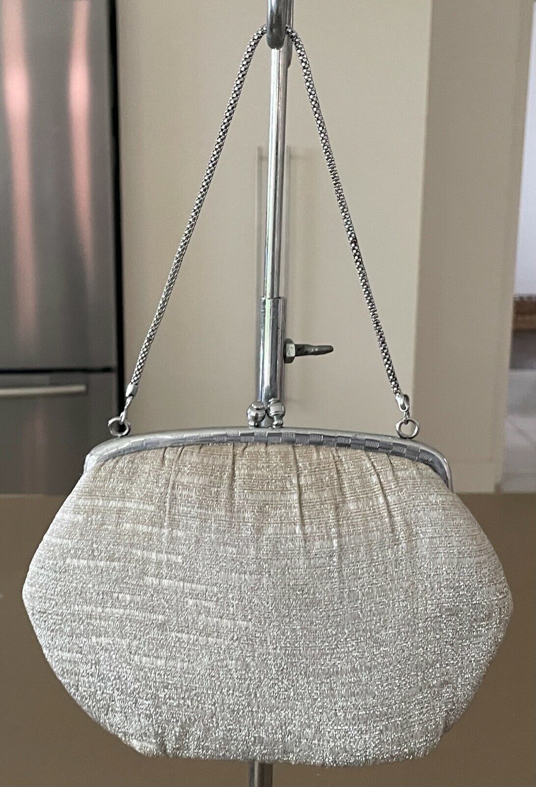 Evening Bag Silver Metallic Fabric Chain Strap Frame Purse Small Vintage